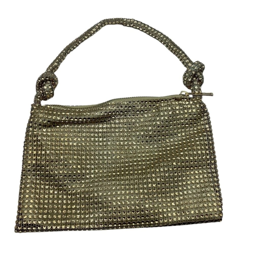 Vtg Gold‎ Embellished Evening Clutch Purse Knot Handle Zipper Closure
